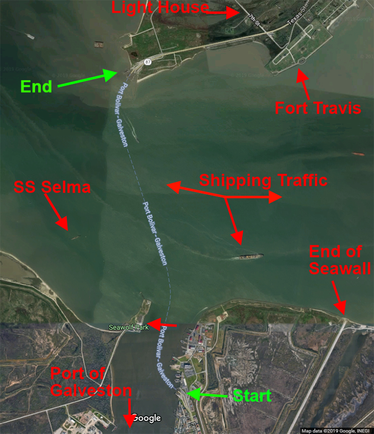 Points of interest along the Galveston Island to Port Bolivar Ferry route.